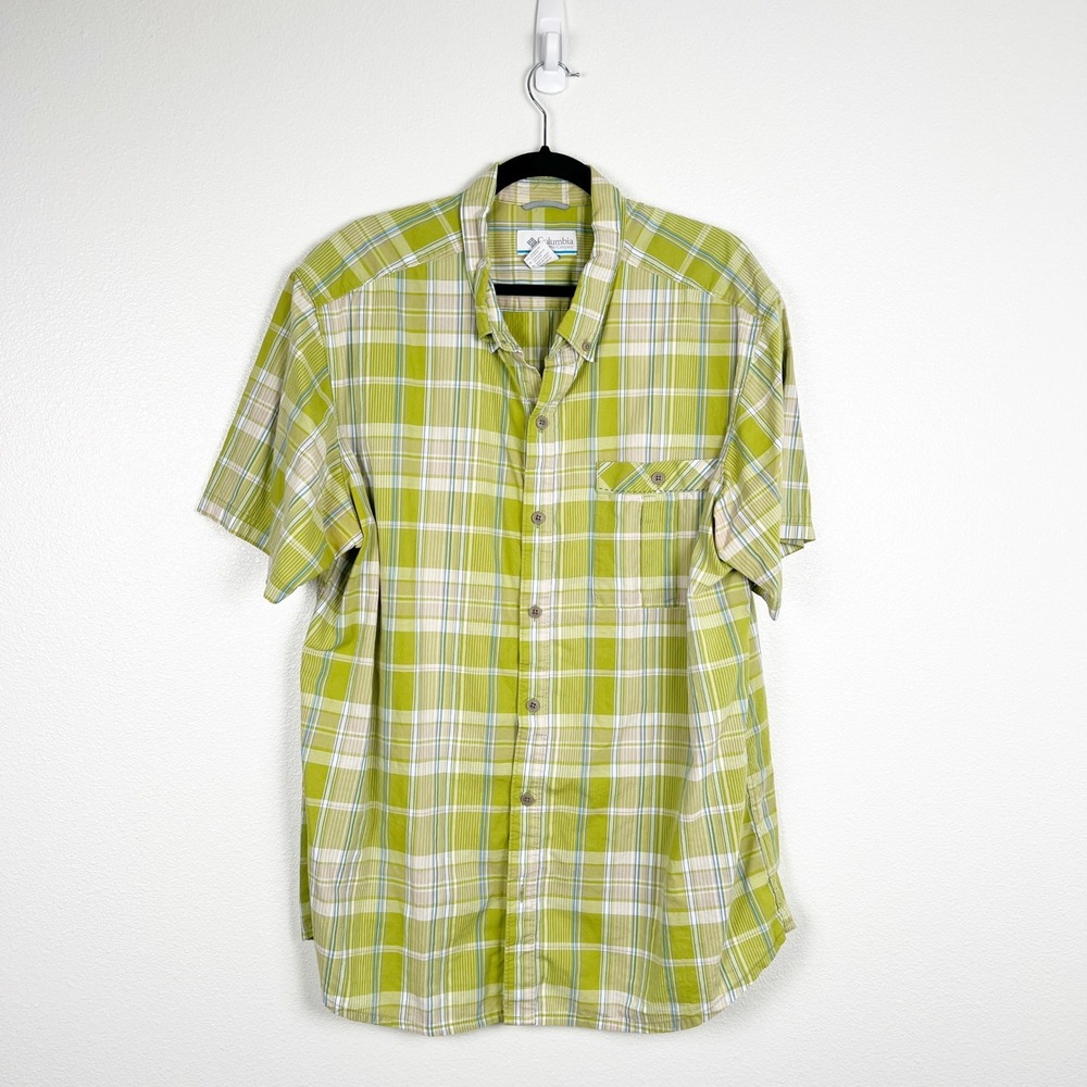 Columbia Men's Short Sleeve Button Up Plaid Cotton‎ Shirt Green Sz XL